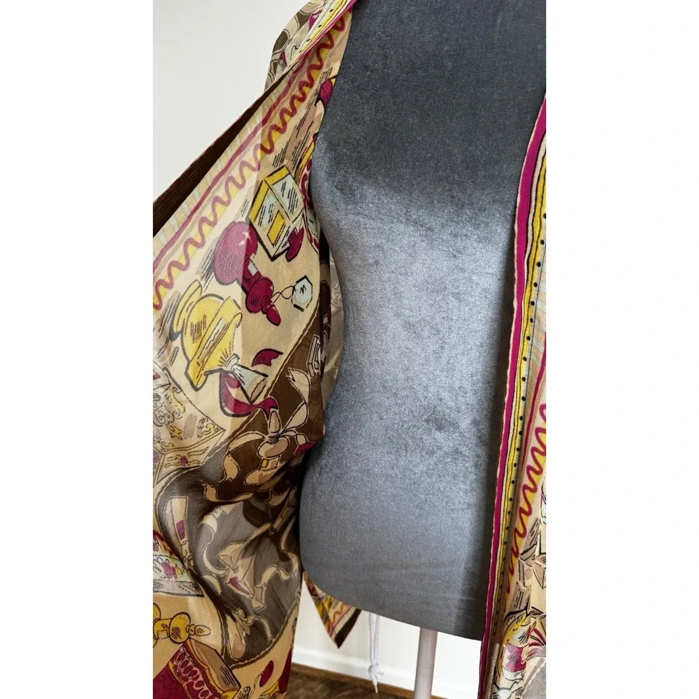 Vtg Sheer Kimono‎ Cardigan Perfume Print Boho Chic Open Front Duster Topper Glam